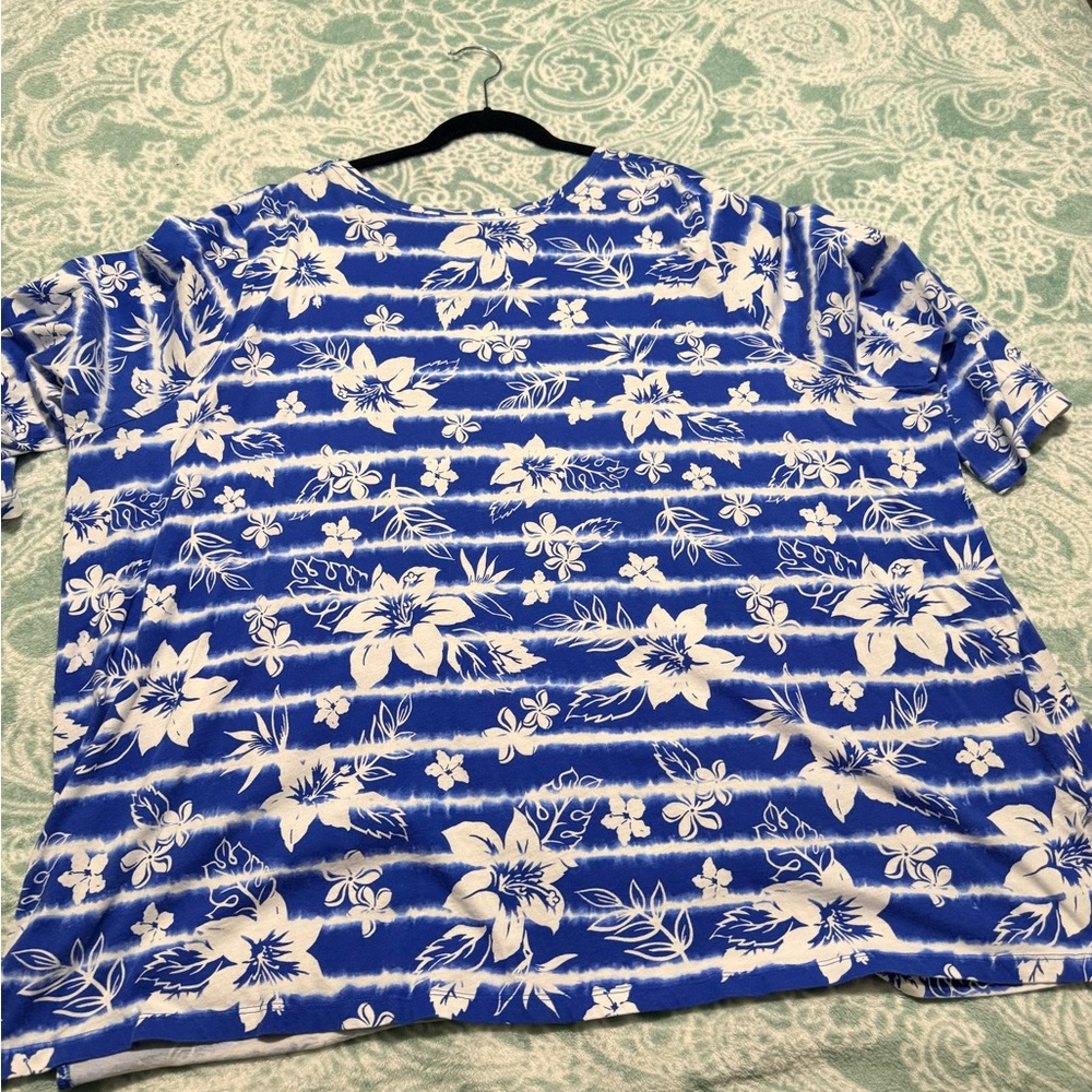Woman Within Blue and White Floral Stripe Tee